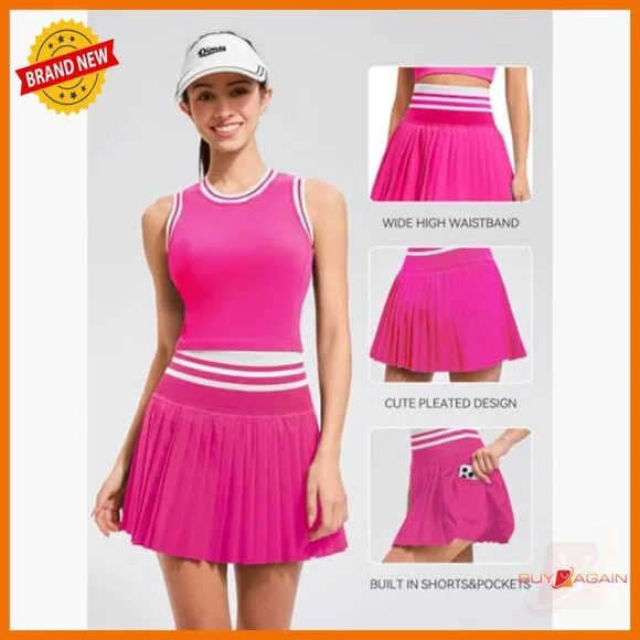 High Waisted Pleated Athletic Skort Set with Built-in Bra and Pockets - Picture 4 of 7